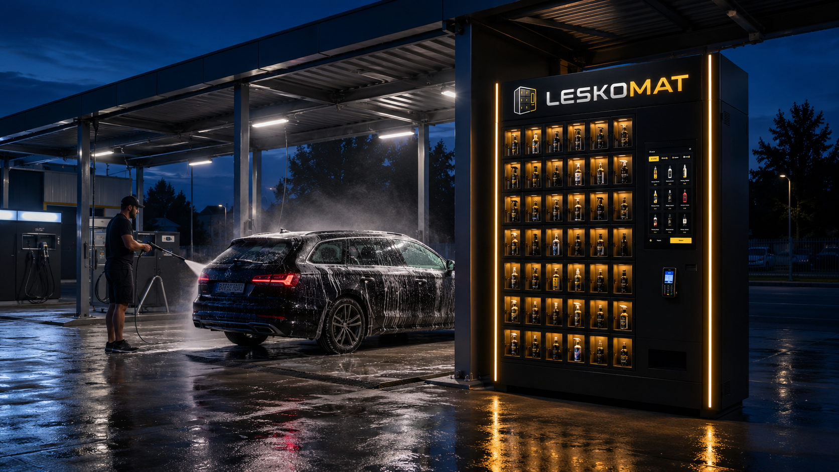 Leskomat stojící vedle krytého stání samoobslužné automyčky za soumraku, u vedlejšího stání někdo myje auto